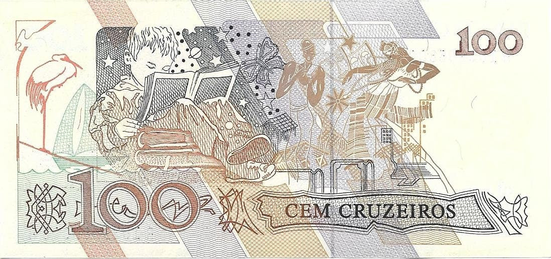 BRAZIL 100 Cruzeiros; P-228; Uncirculated from 1990; features a child reading and natives dancing