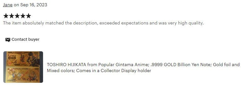 OKITA SOUGO from Popular Gintama Anime;  .9999 GOLD FOiL Billion Yen Note; Comes in a Collector Display holder