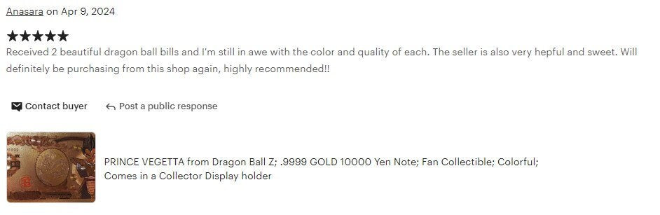 Super Saiyan 4 GOKU from Dragon Ball Z;  .9999 GOLD FOiL 10000 Yen Note; Comes in a Collector Display holder