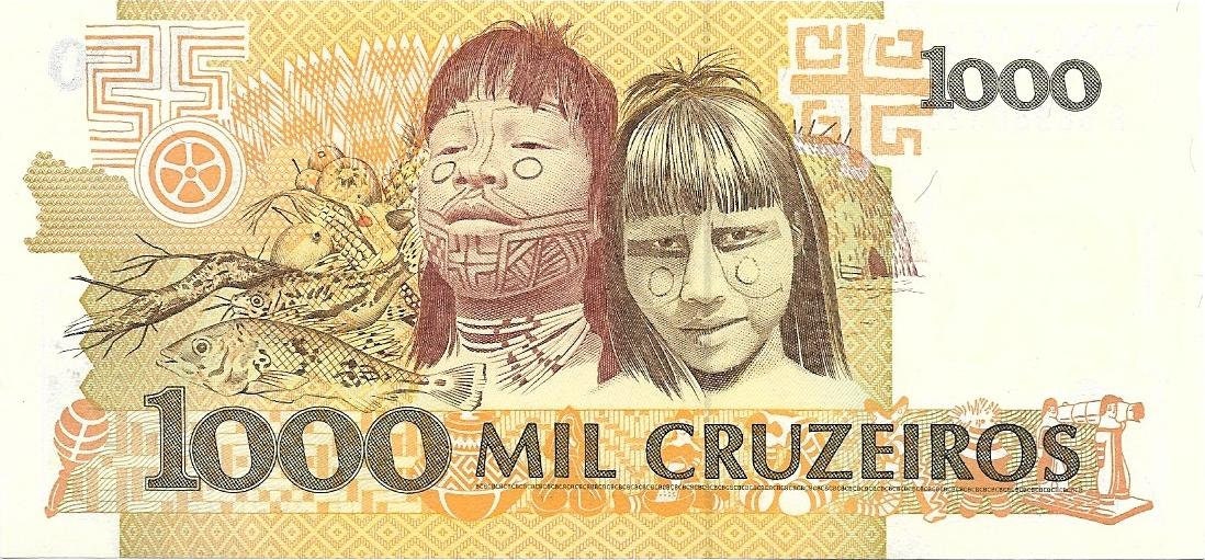 BRAZIL 1000 Cruzeiros; P231b; Unc; 1990; features a map of Brazil, Native Children and C Rondon