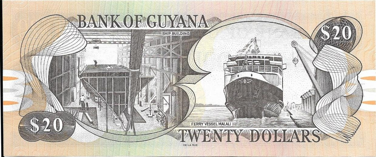 Guyana 20 Dollars, P-30f; UNCIRCULATED, 1996; Sign 15; features the Kaieteur Waterfalls