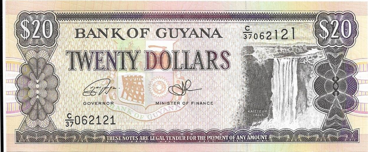 Guyana 20 Dollars, P-30f; UNCIRCULATED, 1996; Sign 15; features the Kaieteur Waterfalls