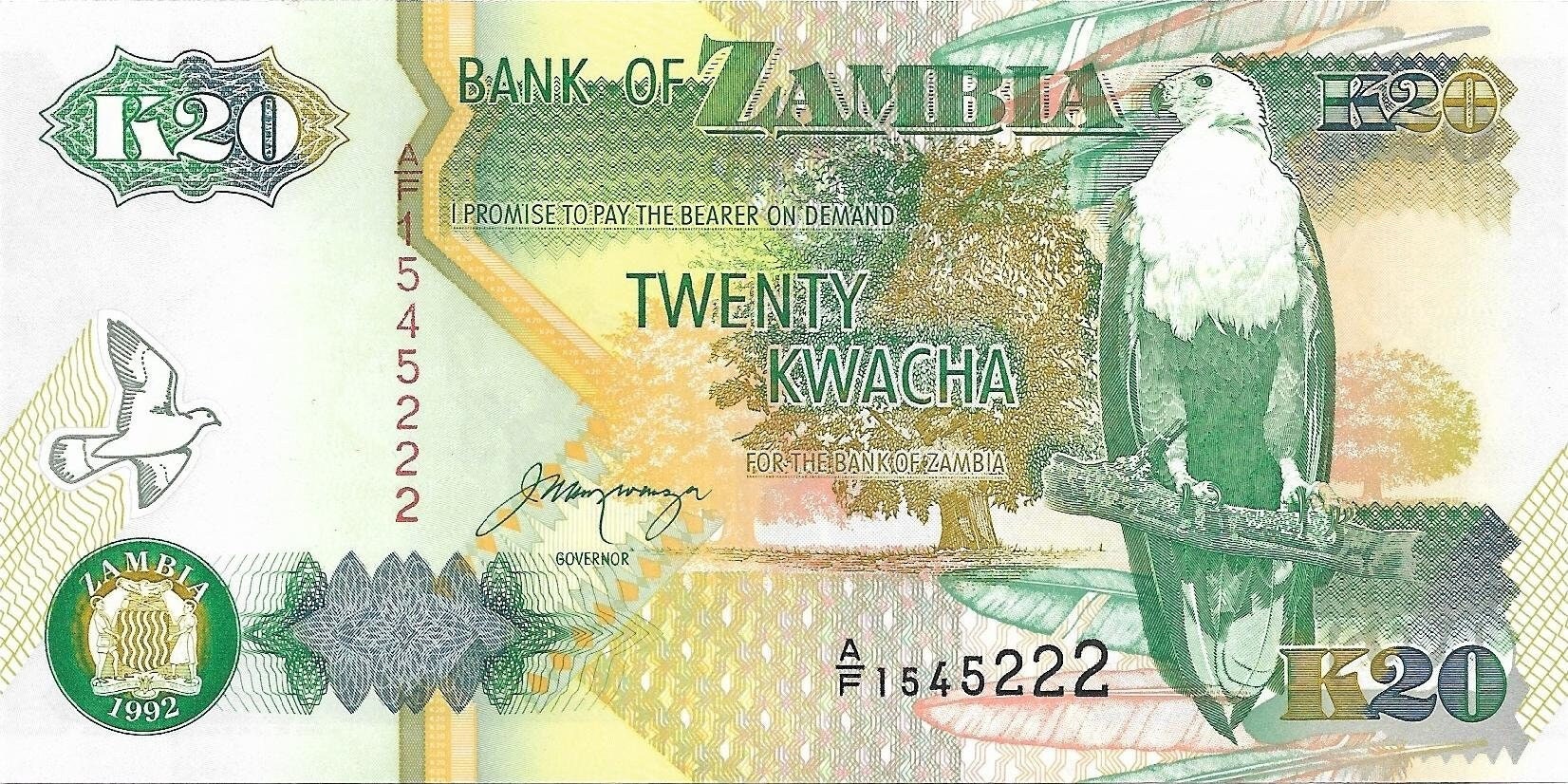 ZAMBIA 20 Kwacha, P-36b, UNCIRCULATED, 1992, African Fish Eagle; KADU