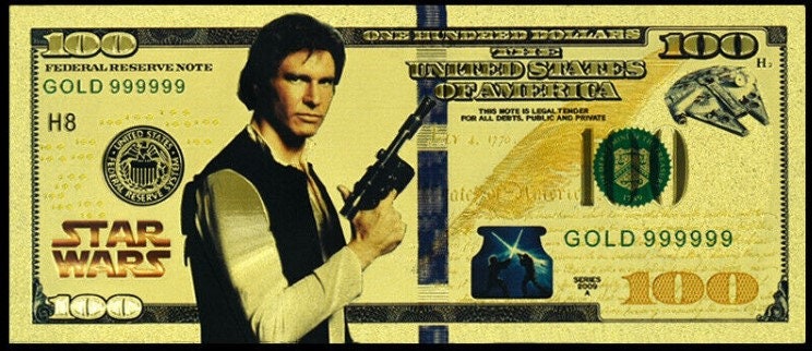 HAN SOLO: Star Wars Galaxy .9999 GOLD Foil 100 Dollars Fantasy Note; Full color scene on back; Comes in a Collector Display holder