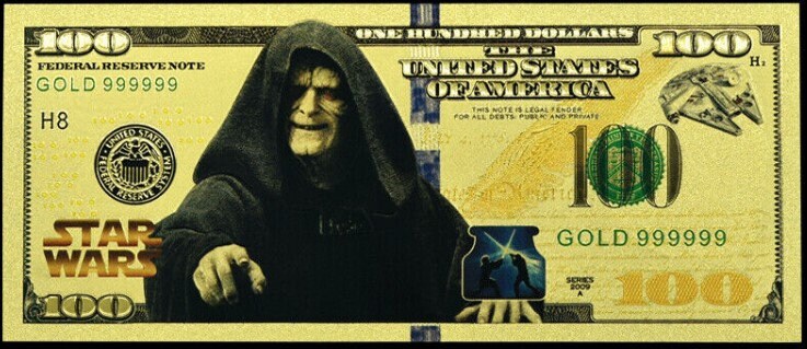 DARTH SIDIOUS: Star Wars Galaxy .9999 GOLD Foil 100 Dollars Fantasy Note; Full color scene on back; Comes in a Collector Display holder