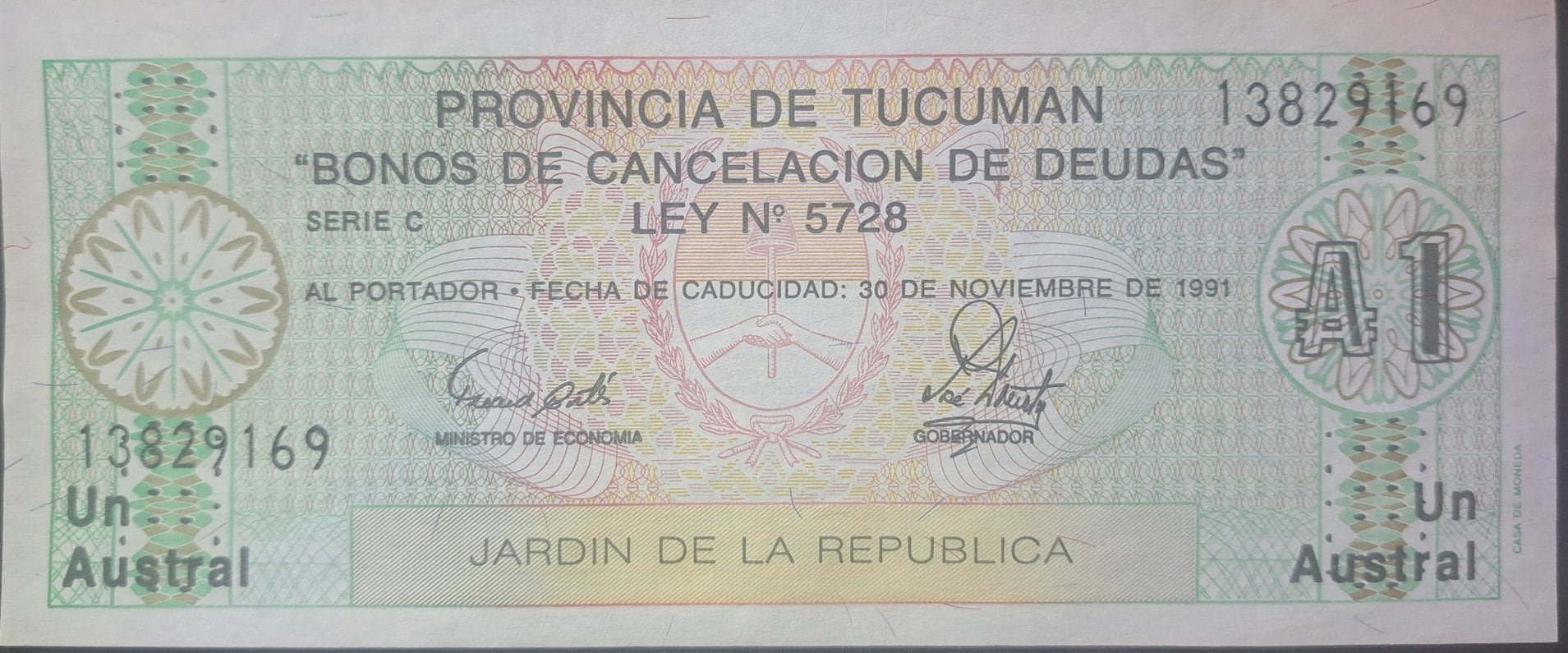 Argentina 1 Australes, PS-2711; UNCIRCULATED, Specialized Issue from the Province of Tucuman