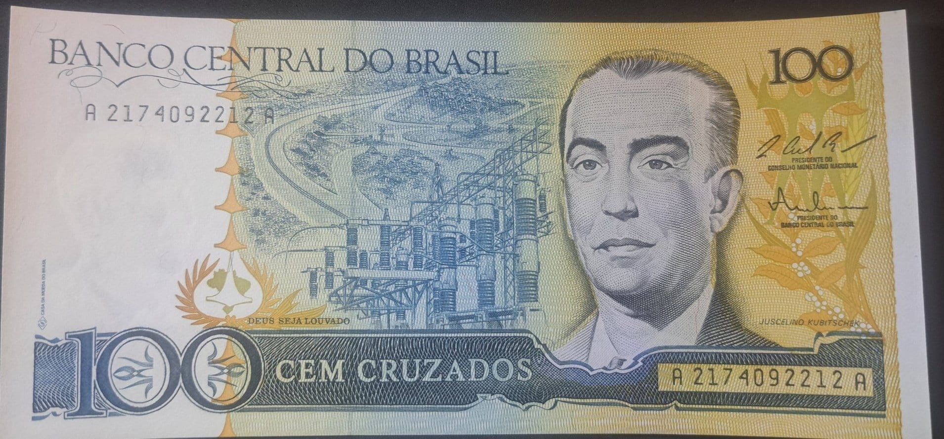 Brazil 100 Cruzados Banknote; P - 211c; UNC from 1987 ~ Power Station