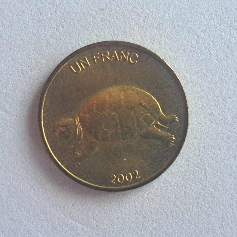 CONGO 1 Franc Coin; Brilliantly UNCiRCULATED (BU) from 2002; KM81; features a Turtle and Lion