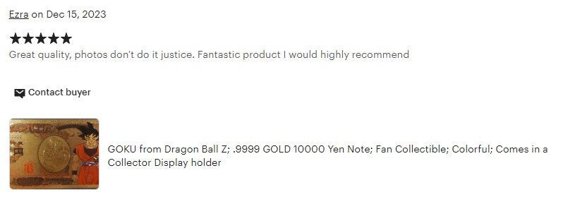 Super Saiyan BROLY LEGENDARY from Dragon Ball Z;  .9999 GOLD FOiL 10000 Yen Note; Comes in a Collector Display holder