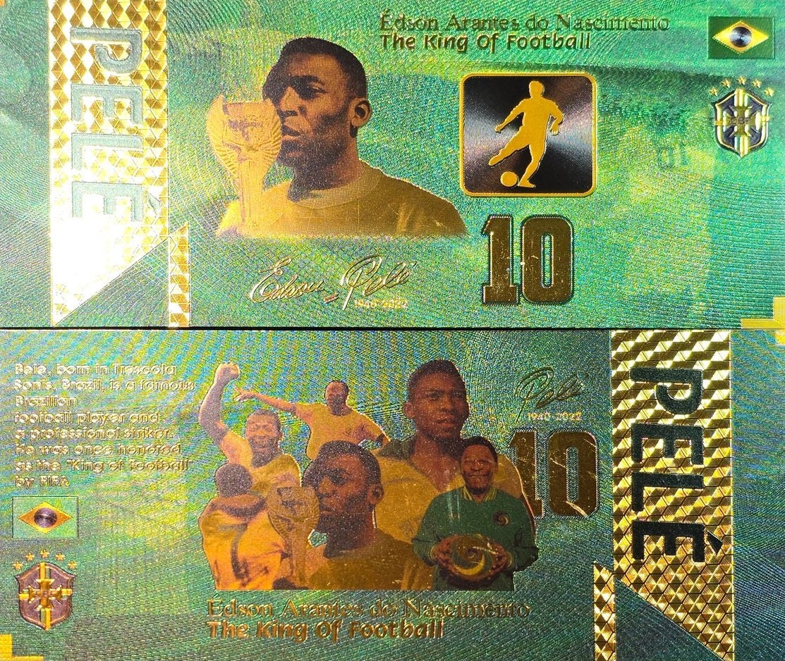 PELE Kissing the World Cup; The "King Of Football";  .9999 GOLD FOIL Note; Fan Collectible; Colorful; Comes in a Collector Display holder