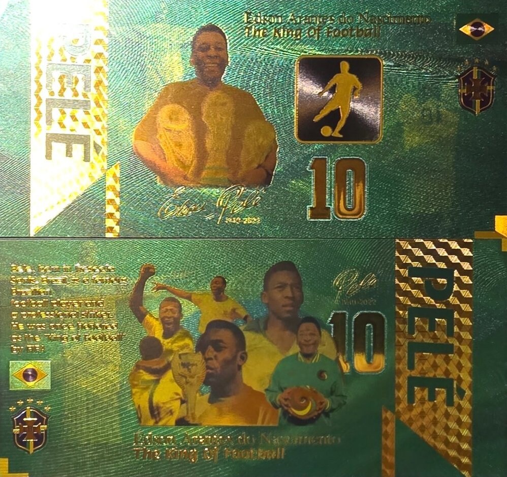 PELE With 3 World Cup Trophies; The "King Of Football";  .9999 GOLD FOIL Note; Fan Collectible;Colorful; Comes in a Collector Display holder