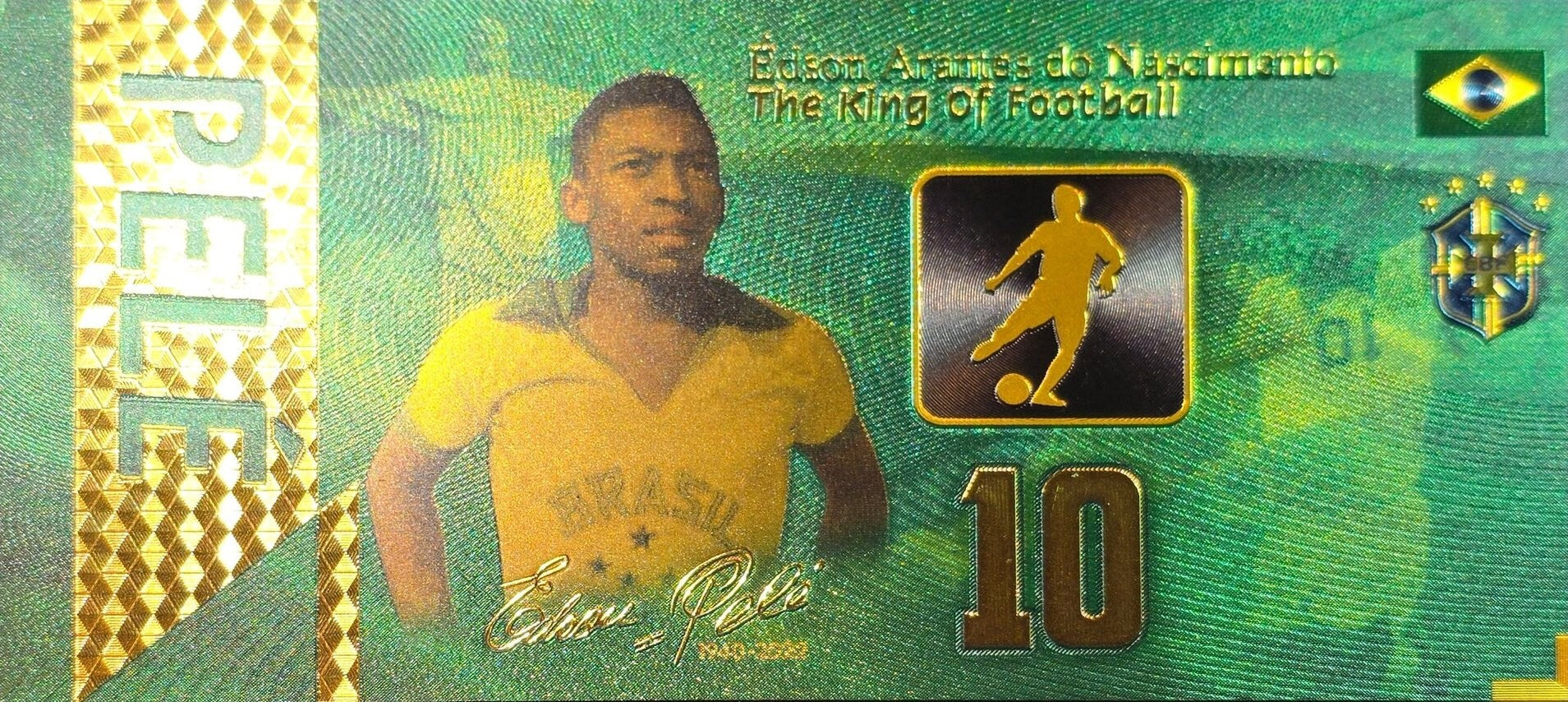 The Legend PELE; The "King Of Football";  .9999 GOLD FOIL Note; Fan Collectible; Colorful; Comes in a Collector Display holder