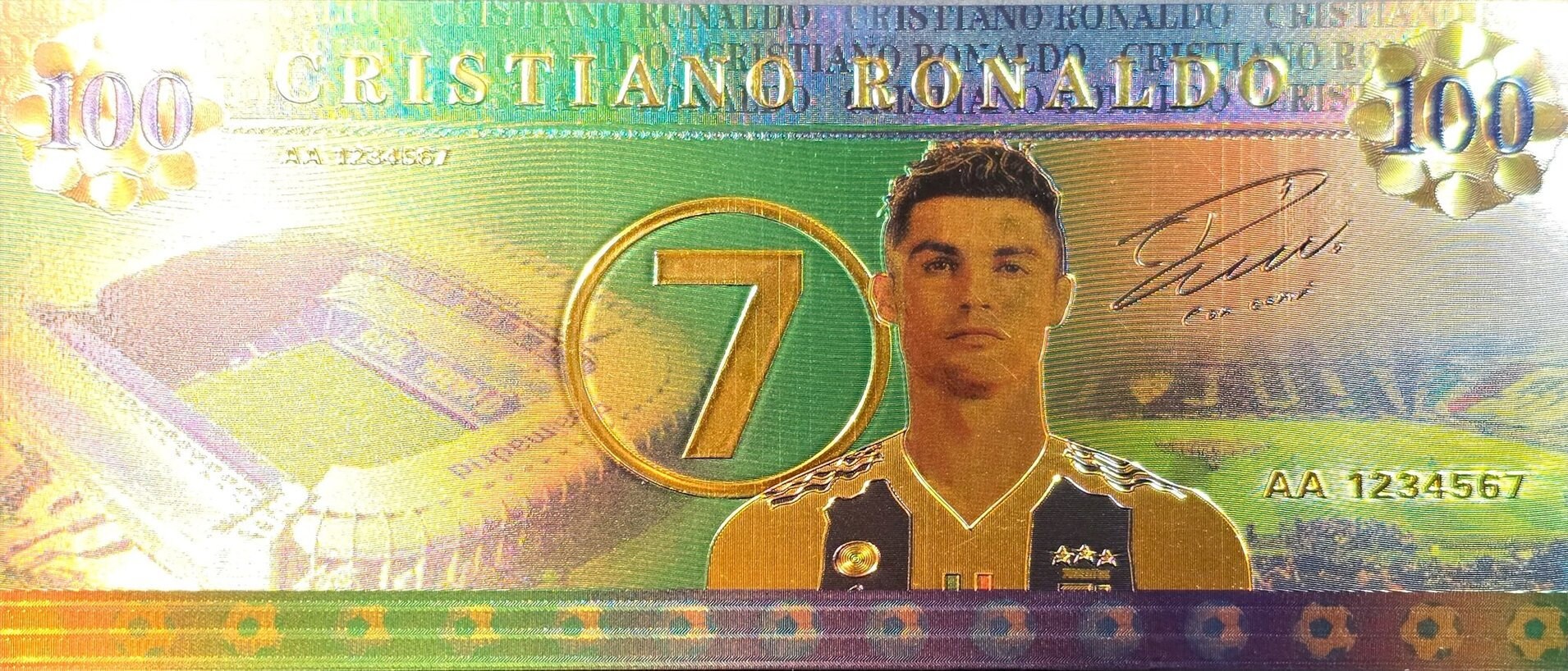 Cristiano Ronaldo; Football Legend; "CR7";  .9999 GOLD FOIL Note; Fan Collectible; Colorful; Comes in a Collector Display holder