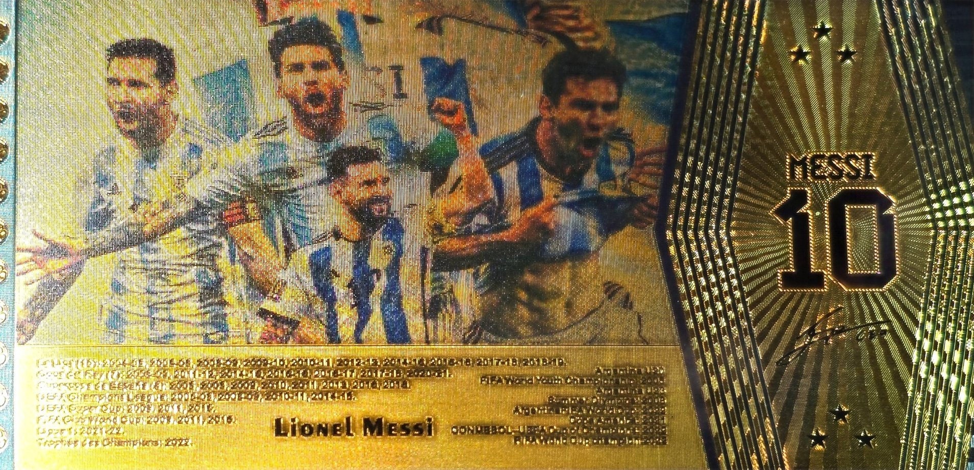 LIONEL MESSI ~ Kissing the World Cup; "King Of Football";  .9999 GOLD FOiL Note; Fan Collectible; Comes in a Collector Display holder