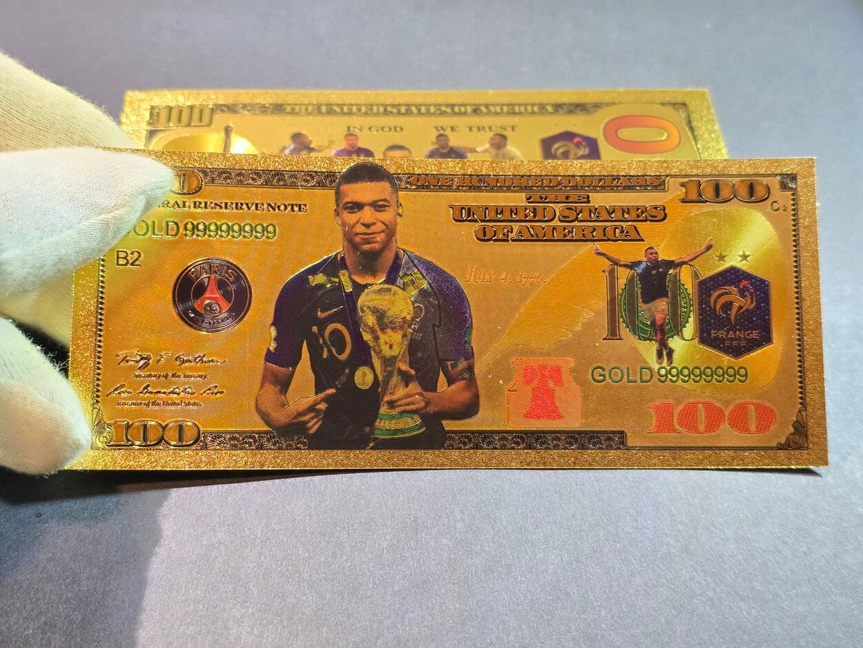 KYLIAN MBAPPE with the World Cup; .9999 GOLD FOiL Note; Fan Collectible; Colorful; Comes in a Collector Display holder