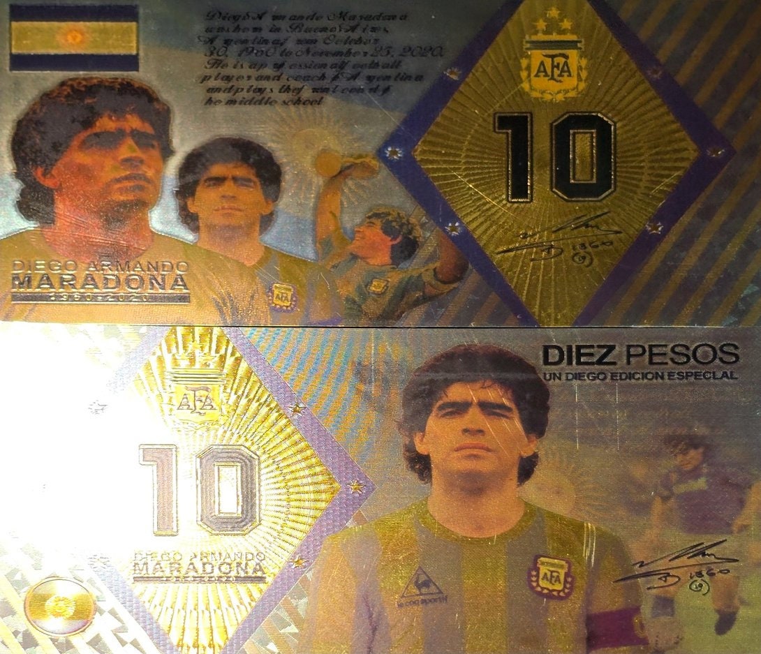 DIEGO MARADONA Football Superstar;  .9999 GOLD FOiL Note; Fan Collectible; Colorful; Comes in a Collector Display holder