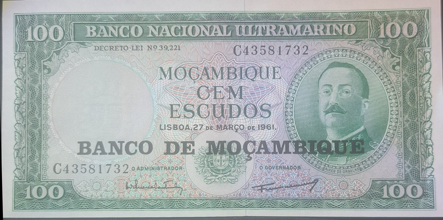 MOZAMBIQUE 100 Escudos banknote, P-117; UNCIRCULATED; 1976; large note; features a portrait Aide Ornelas