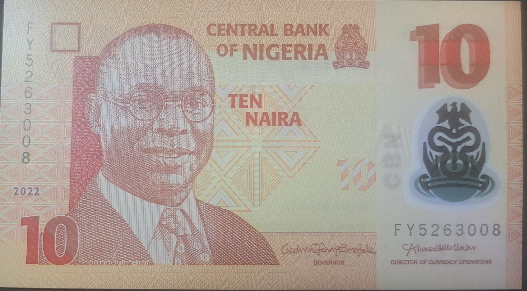 NIGERIA 10 Naira banknote, P-39r, UNCIRCULATED; 2022; features Alvan Ikoku