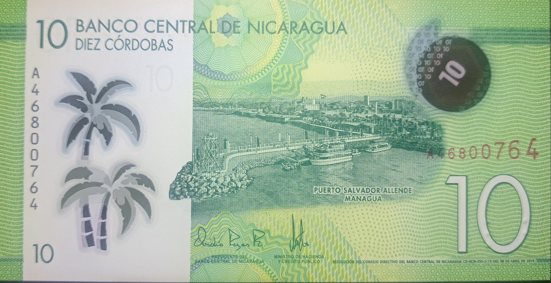 NICARAGUA 10 Cordobas, P-209b; UNCIRCULATED, 2019; Polymer
