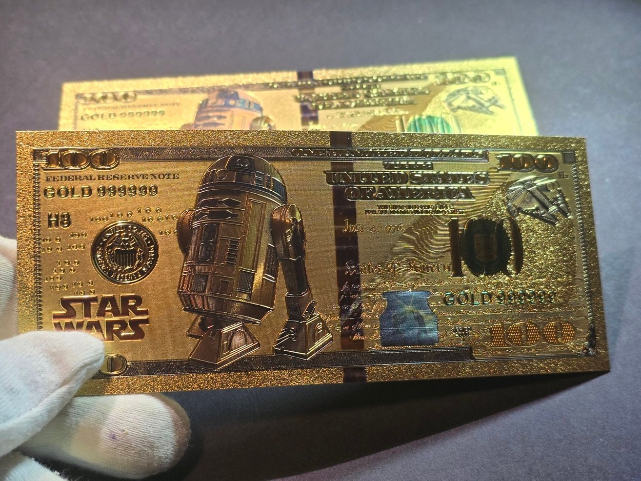 R2-D2: Star Wars Galaxy .9999 GOLD Foil 100 Dollars Fantasy Note; Full color scene on back; Comes in a Collector Display holder