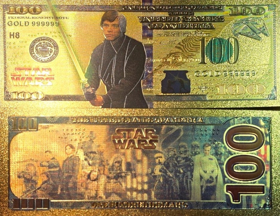 LUKE SKYWALKER: Star Wars Galaxy .9999 GOLD Foil 100 Dollars Fantasy Note; Full color scene on back; Comes in a Collector Display holder