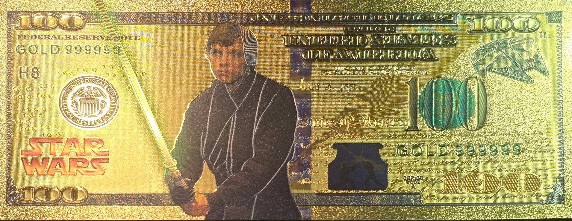 LUKE SKYWALKER: Star Wars Galaxy .9999 GOLD Foil 100 Dollars Fantasy Note; Full color scene on back; Comes in a Collector Display holder