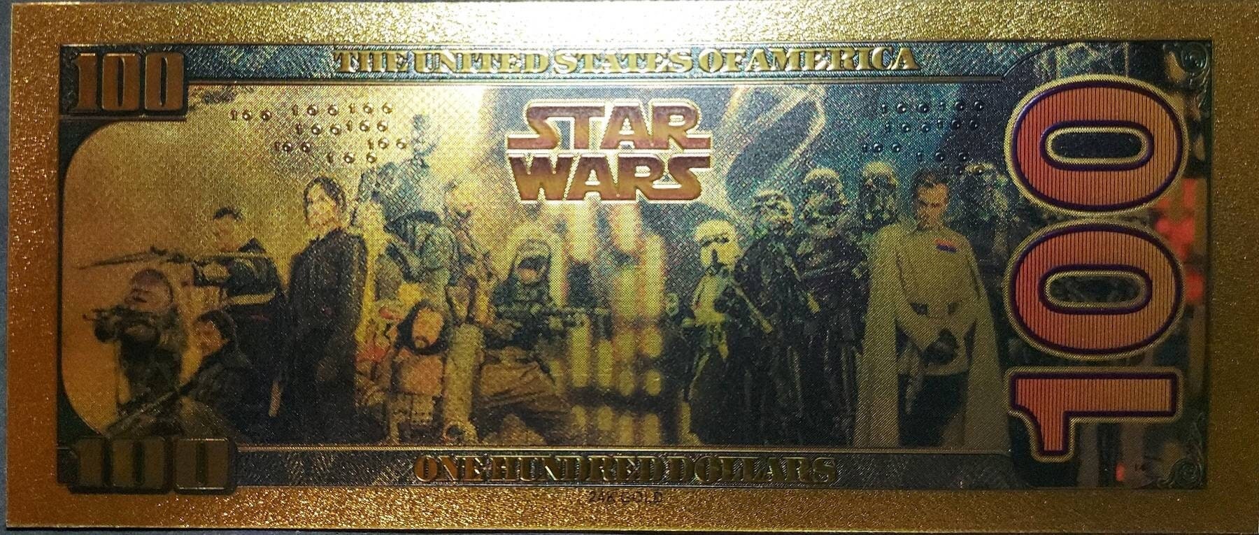 LUKE SKYWALKER: Star Wars Galaxy .9999 GOLD Foil 100 Dollars Fantasy Note; Full color scene on back; Comes in a Collector Display holder