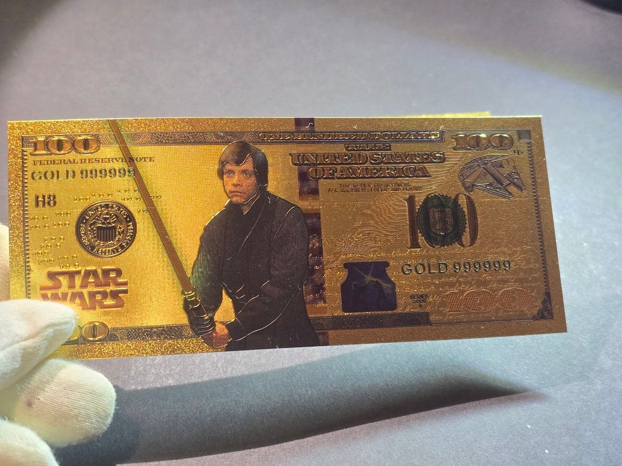 LUKE SKYWALKER: Star Wars Galaxy .9999 GOLD Foil 100 Dollars Fantasy Note; Full color scene on back; Comes in a Collector Display holder