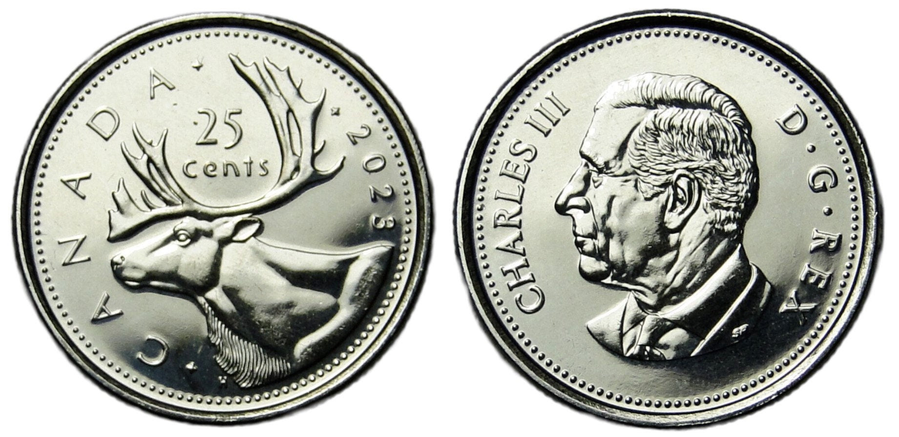 2023 CANADA 25 Cents, Features Charles III from Premium 1st Strike Rolls; Brilliantly UNCiRCULATED (BU) 5 Cent Coin