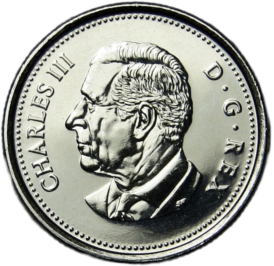 2023 CANADA 25 Cents, Features Charles III from Premium 1st Strike Rolls; Brilliantly UNCiRCULATED (BU) 5 Cent Coin