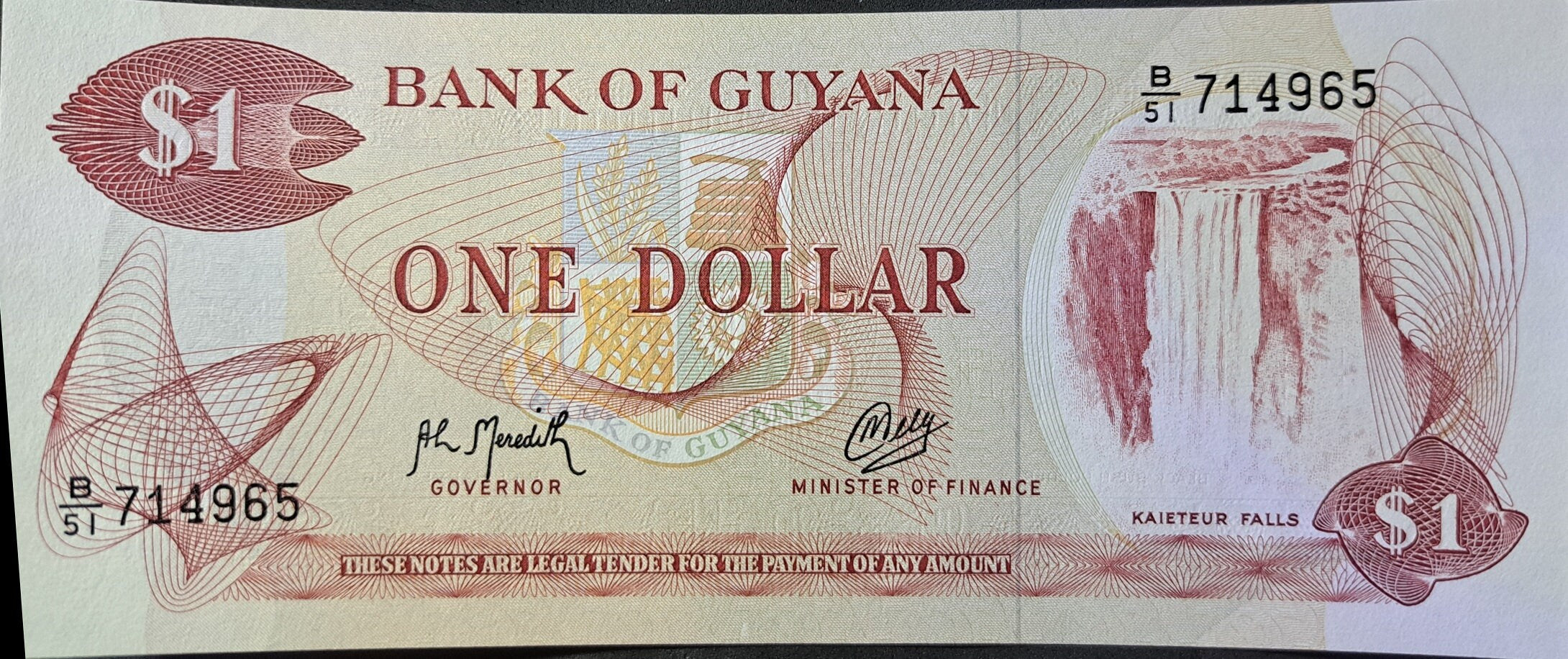 Guyana 1 Dollar, P-21g, Uncirculated, 1989; featuring the Kaieteur Waterfalls