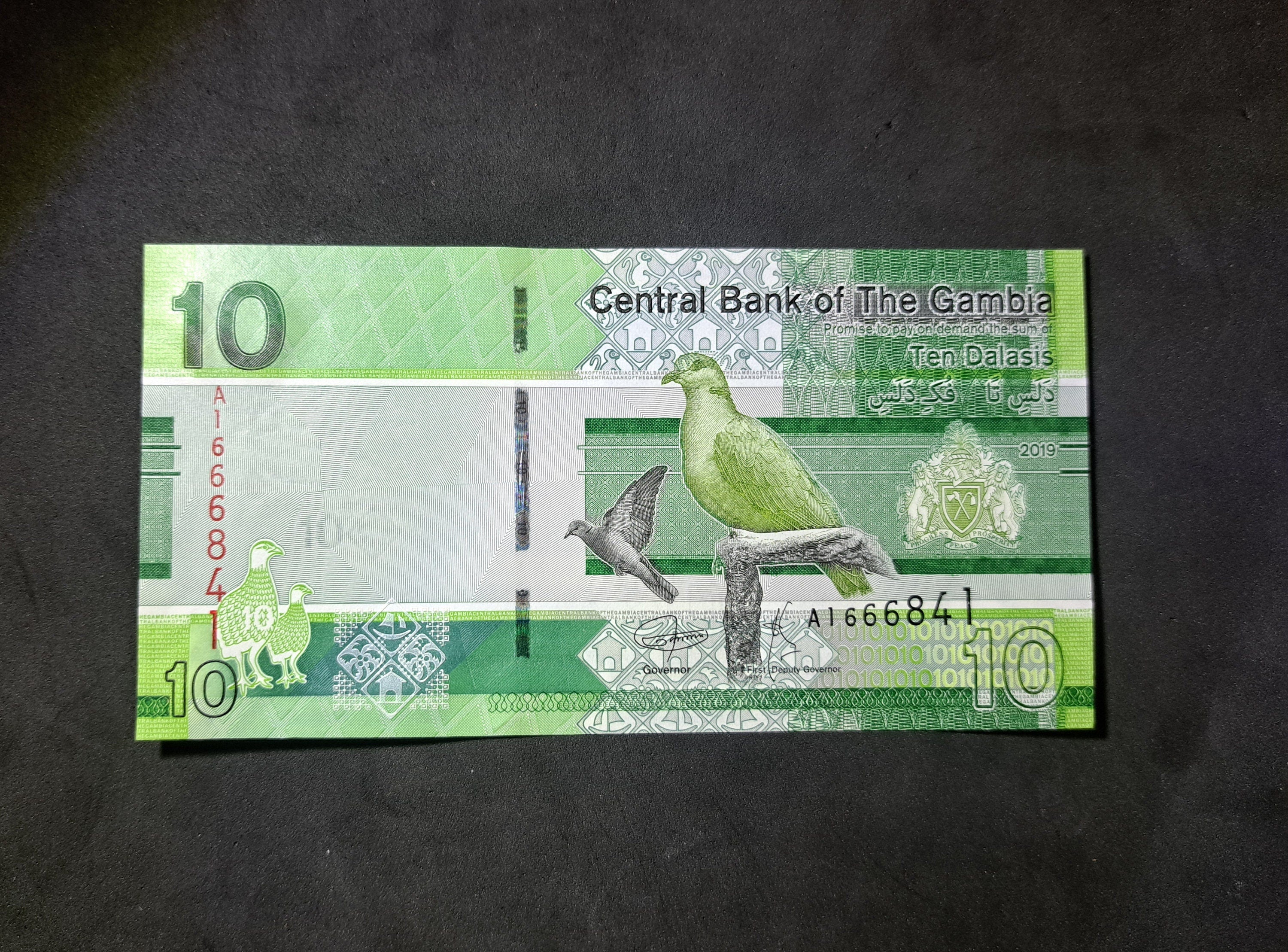 GAMBIA 10 Dalasis Banknote, P -38; 2019, UNC; PREFIX A; Featuring Standing Bush Fowl