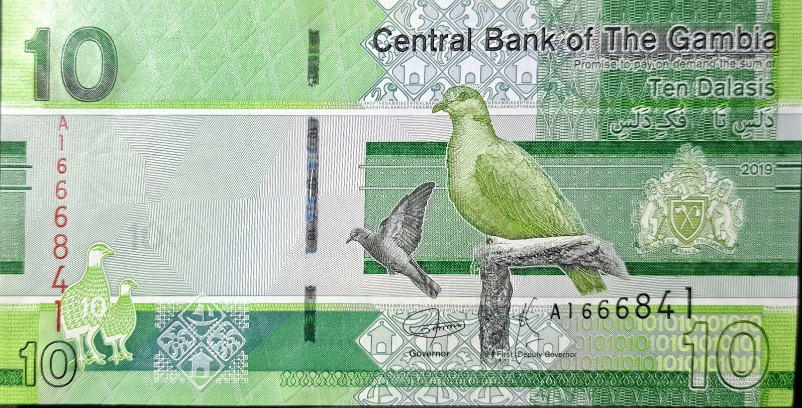 GAMBIA 10 Dalasis Banknote, P -38; 2019, UNC; PREFIX A; Featuring Standing Bush Fowl