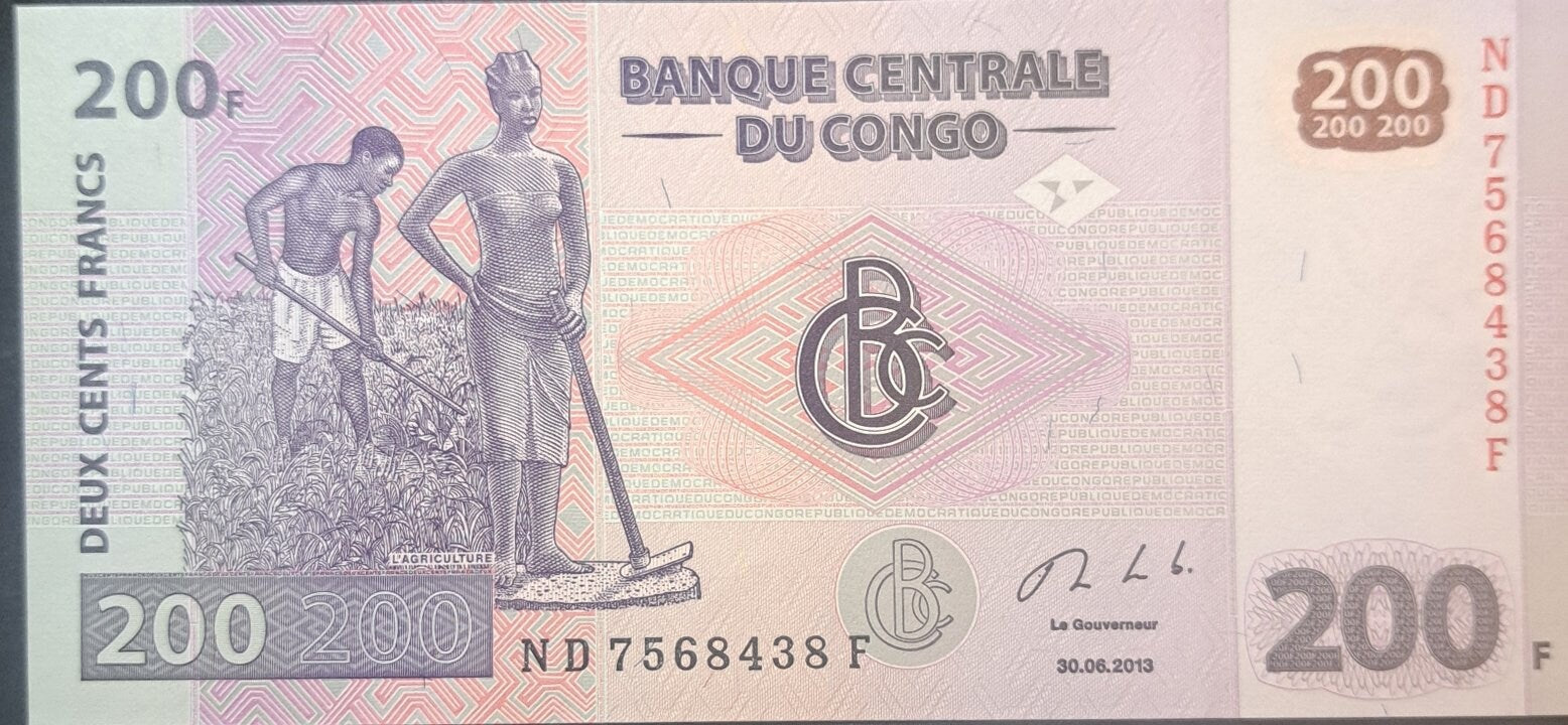 CONGO 200 Francs, P99b, UNCIRCULATED from 2013, features a Large Log Drum