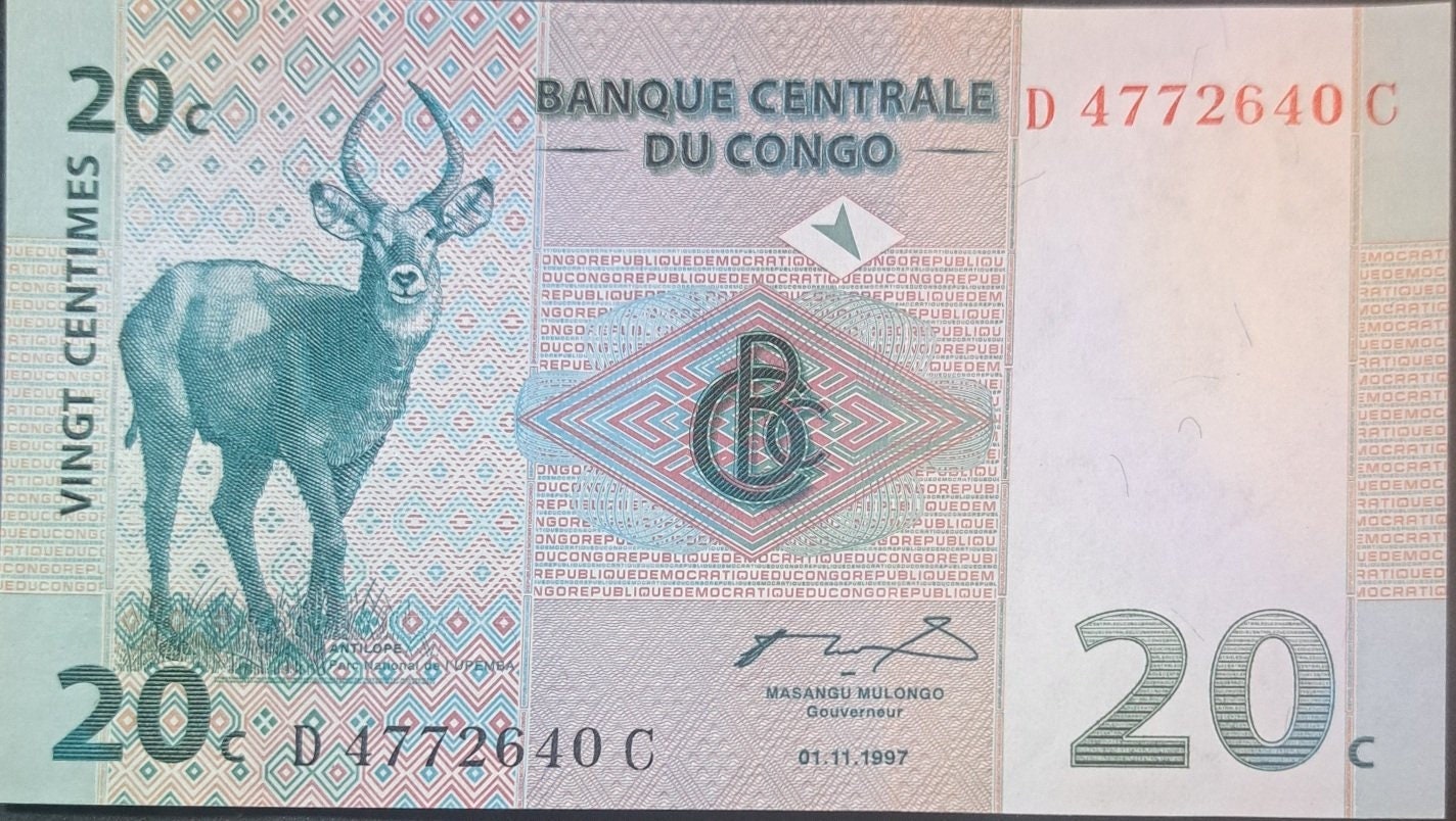 CONGO 20 Centimes banknote, P-83, UNCIRCULATED, 1997, features a Waterbuck