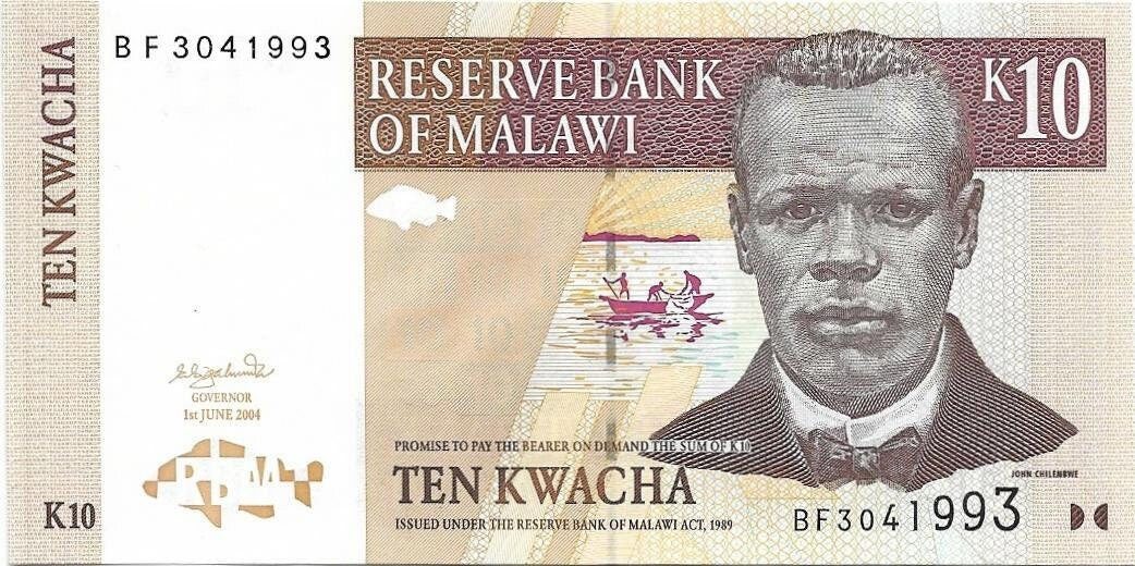 MALAWI 10 Kwacha banknote , P - 51a, UNC; 2004, FISH and Reverend J. Chilembwe