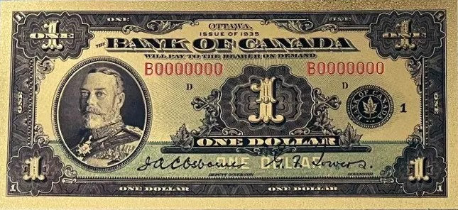 1935 CANADA GEORGE V 1 Dollar FANTASY .9999 GOlD Foil Note; Allegory of Agriculture, Comes shipped in Collector display holder