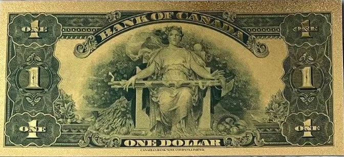 1935 CANADA GEORGE V 1 Dollar FANTASY .9999 GOlD Foil Note; Allegory of Agriculture, Comes shipped in Collector display holder