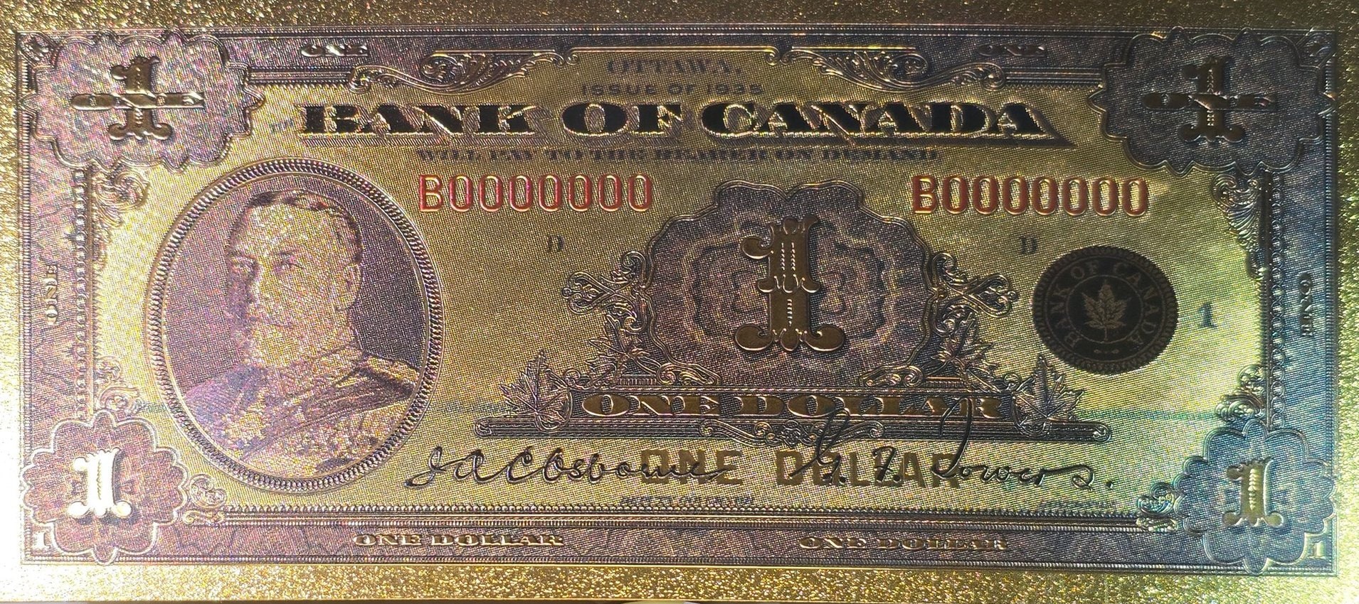 1935 CANADA Sir Wilfred Laurier 1000 Dollar FANTASY .9999 GOlD Foil Note; Allegory of Security, shipped in Collector display holder