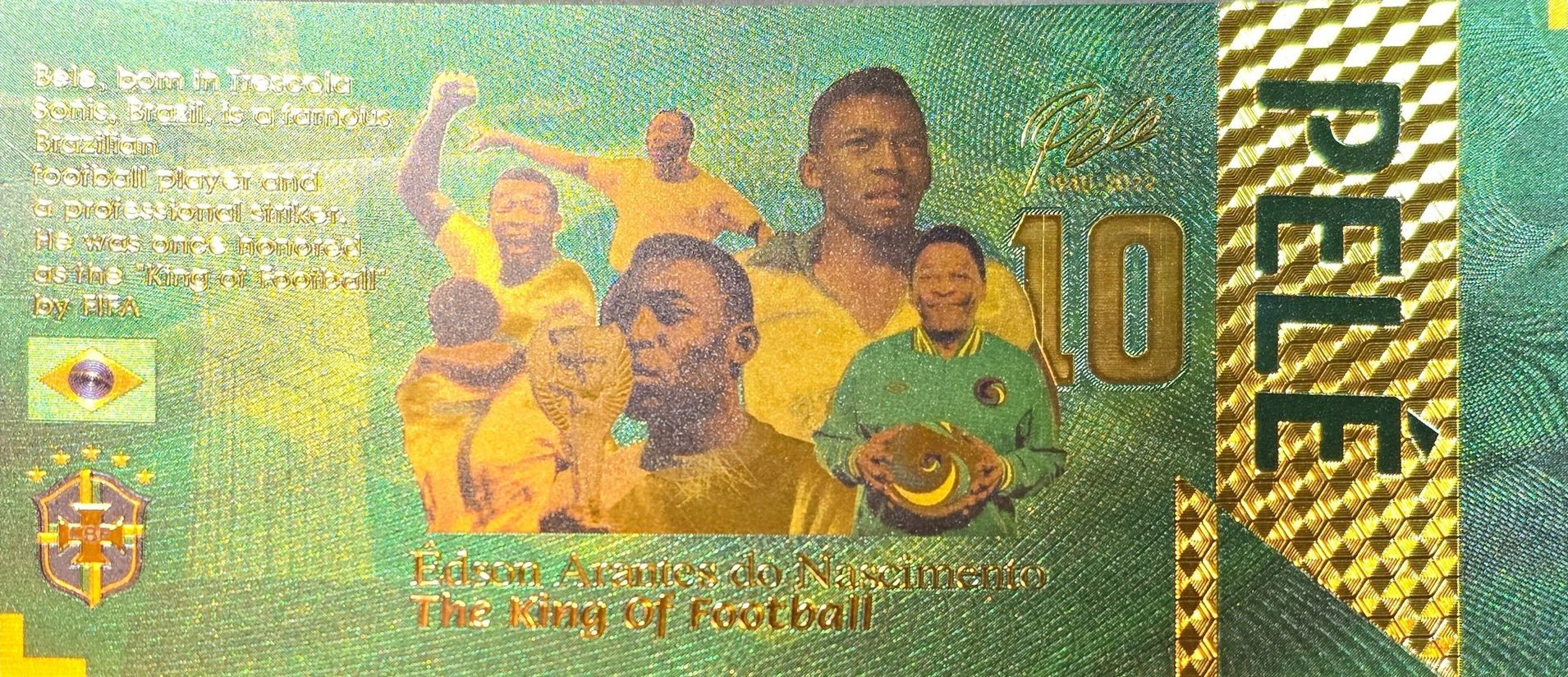 PELE Kissing the World Cup; The "King Of Football";  .9999 GOLD FOIL Note; Fan Collectible; Colorful; Comes in a Collector Display holder