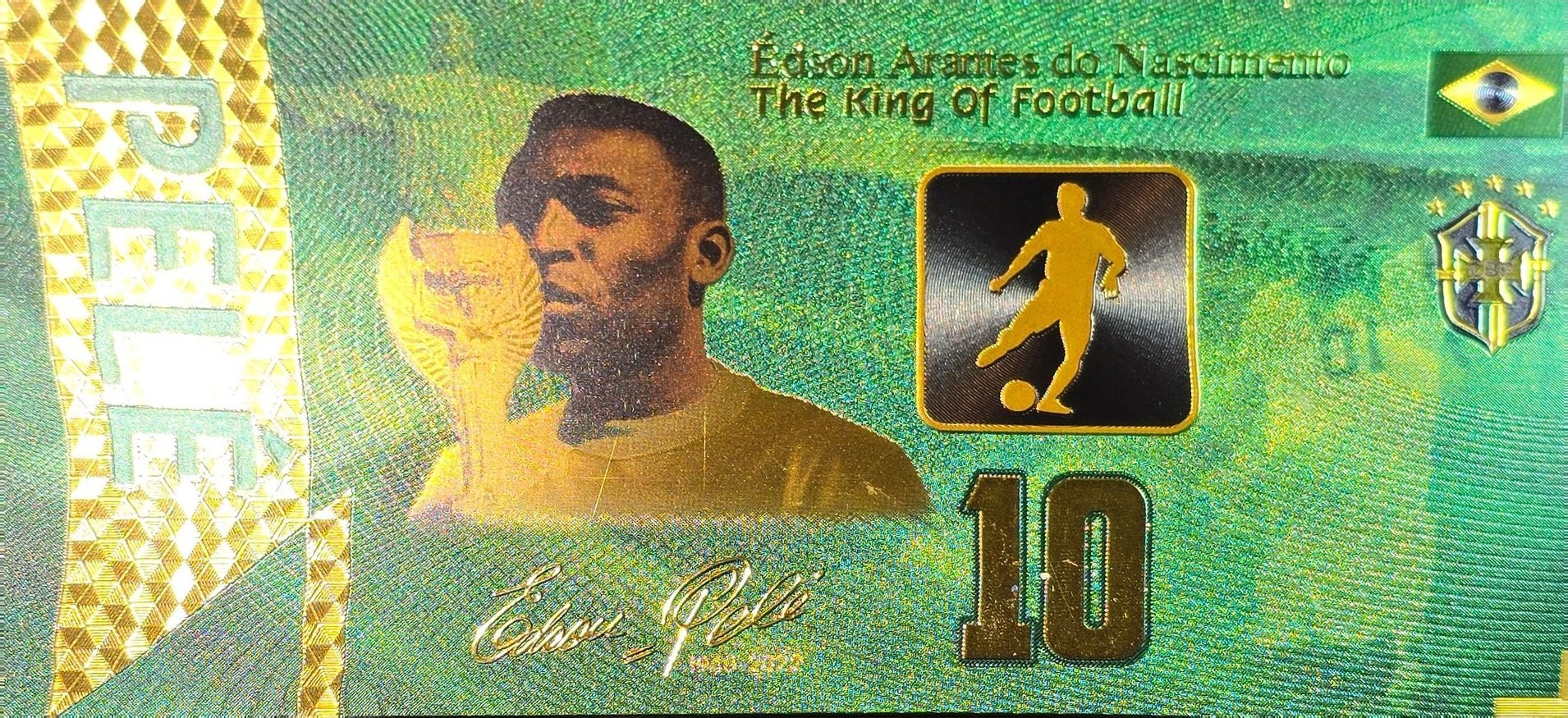 PELE Kissing the World Cup; The "King Of Football";  .9999 GOLD FOIL Note; Fan Collectible; Colorful; Comes in a Collector Display holder