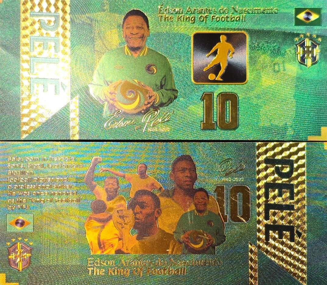 Legend PELE Holding the Ball; The "King Of Football";  .9999 GOLD FOIL Note; Fan Collectible; Colorful; Comes in a Collector Display holder