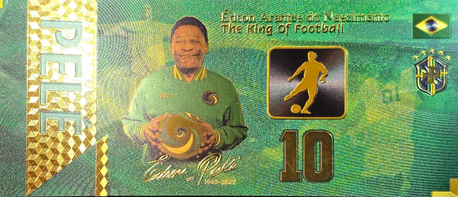 Legend PELE Holding the Ball; The "King Of Football";  .9999 GOLD FOIL Note; Fan Collectible; Colorful; Comes in a Collector Display holder