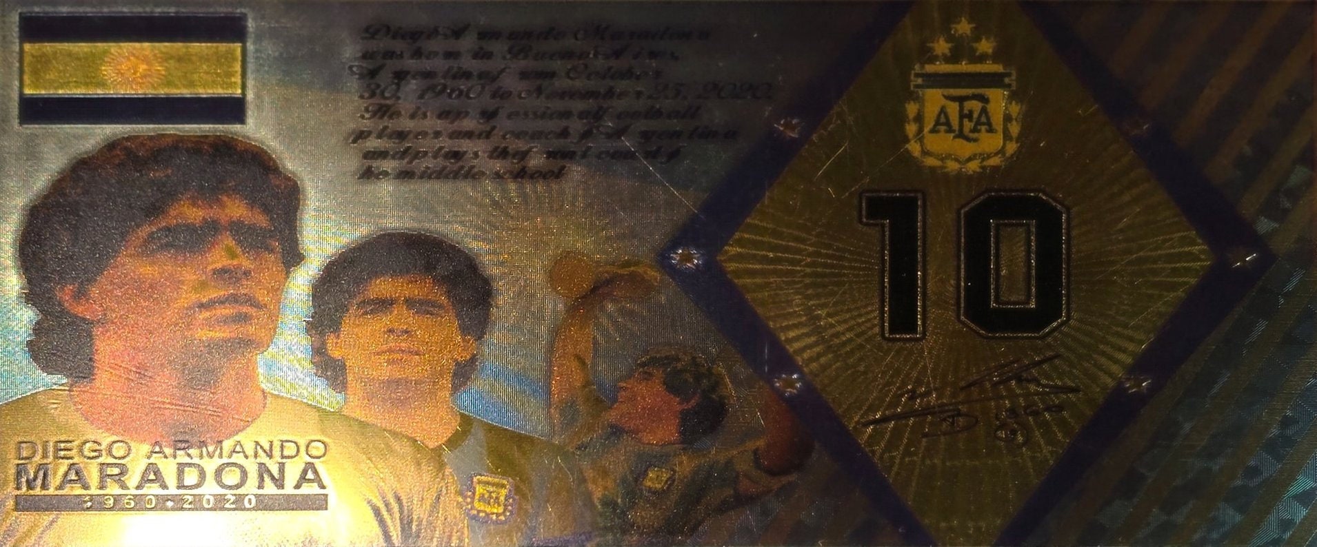DIEGO MARADONA Football Superstar;  .9999 GOLD FOiL Note; Fan Collectible; Colorful; Comes in a Collector Display holder