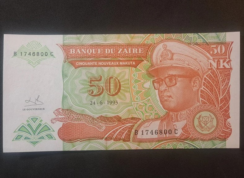 ZAIRE 50 Nouveau Makuta, P-51, UNCIRCULATED, 1993, features a Leaping LEOPARD