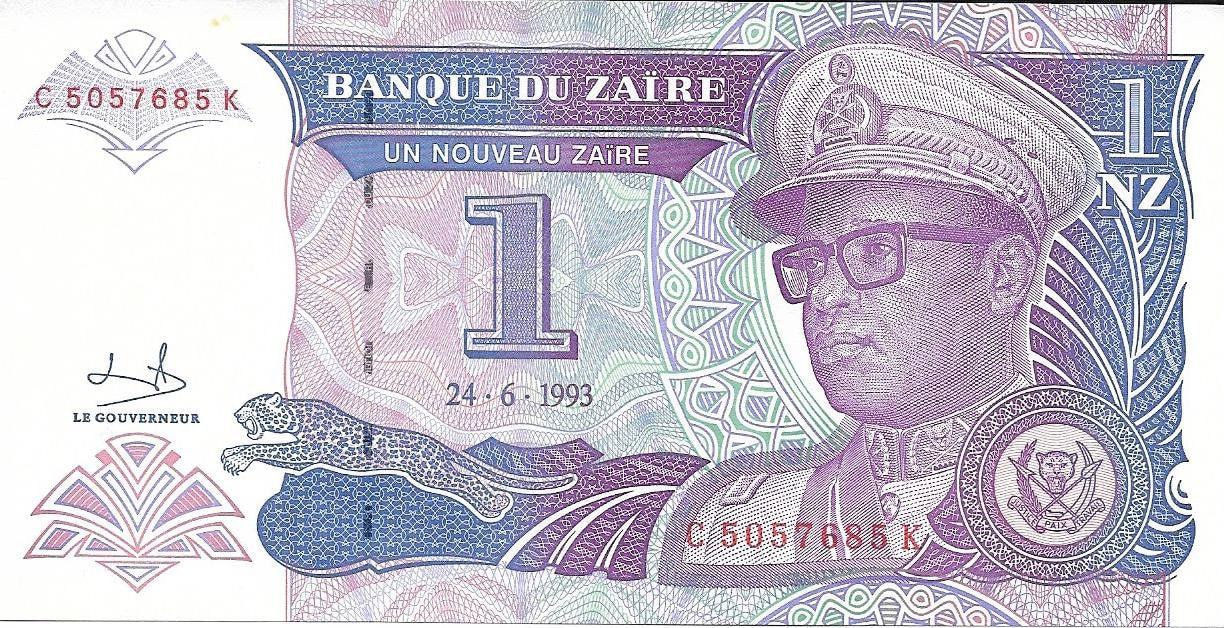 ZAIRE 1 Nouveaux Zaire, P-52, UNCIRCULATED, 1993, features a Leaping LEOPARD