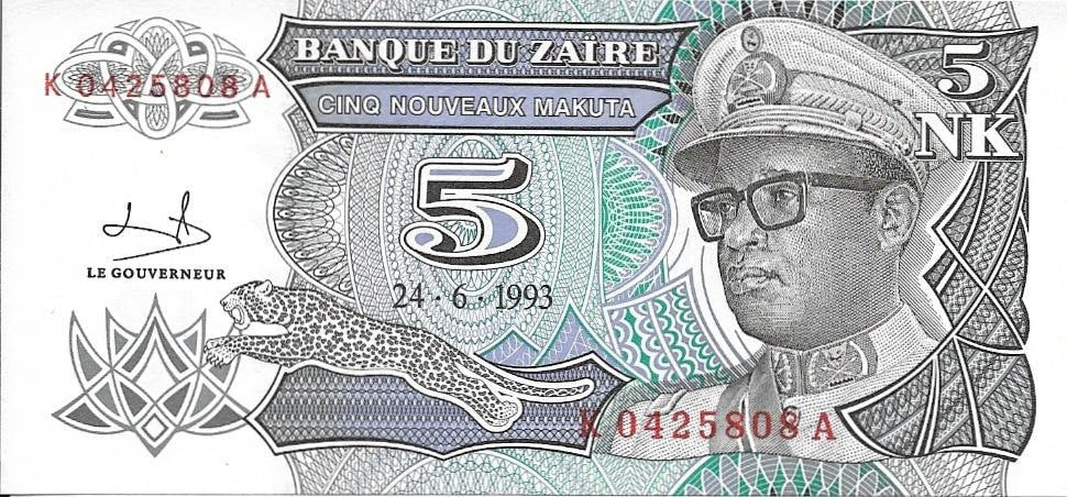ZAIRE 5 Nouveau Makuta, P-48, UNCIRCULATED, 1993, features a Leaping LEOPARD
