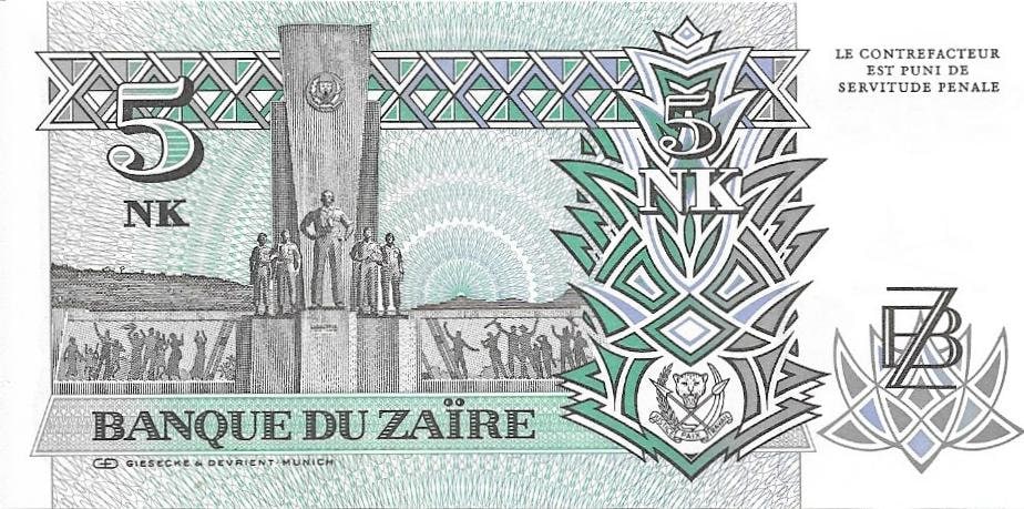 ZAIRE 5 Nouveau Makuta, P-48, UNCIRCULATED, 1993, features a Leaping LEOPARD