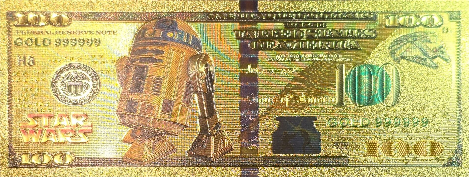R2-D2: Star Wars Galaxy .9999 GOLD Foil 100 Dollars Fantasy Note; Full color scene on back; Comes in a Collector Display holder