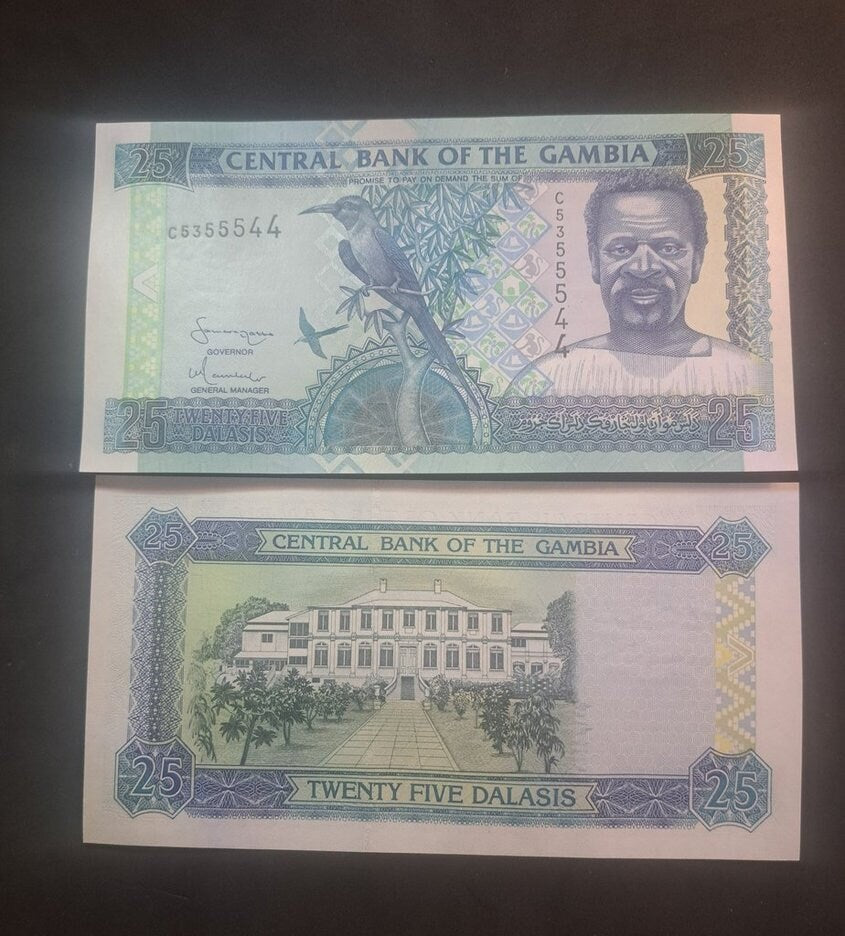 Gambia 25 Dalasis, P27a, UNCIRCULATED, 2006; features the Carmine Bee Eater